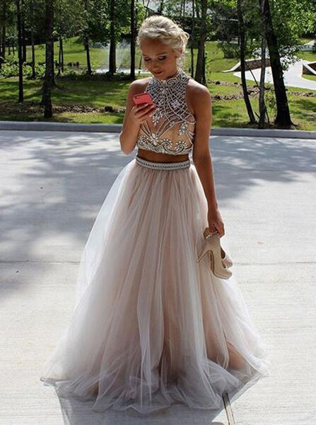 Beading Two Piece High Neck Open Back Champagne Tulle Prom Dress with 