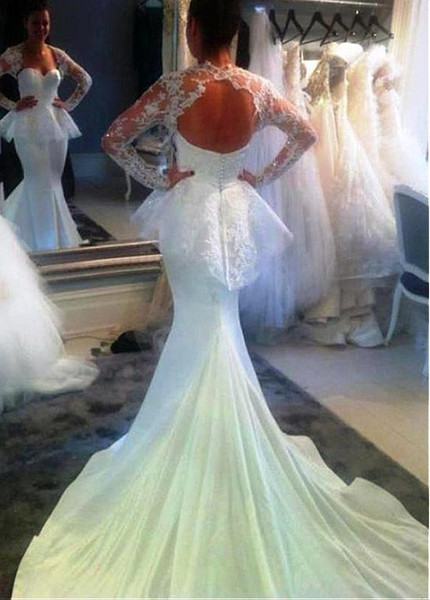 Long Sleeve Backless  Lace Sweetheart Neckline Mermaid Wedding Dress 