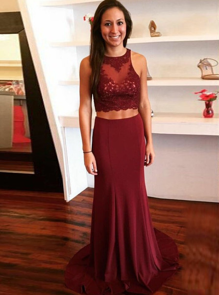 Sheath Two Piece Lace Scoop Maroon Spandex Prom Dress