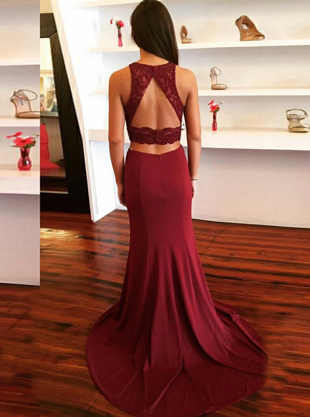 Sheath Two Piece Lace Scoop Maroon Spandex Prom Dress