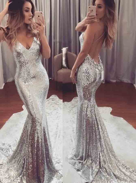 Backless Silver Sequin Mermaid Spaghetti Straps Prom Dress