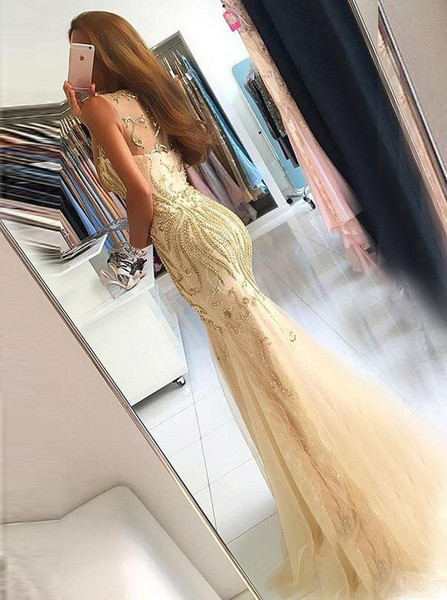 Mermaid Jewel Gold Long Beading Tulle Prom Dress