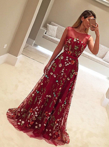 Belt Crew Long Flower Print Burgundy Tulle Prom Dress