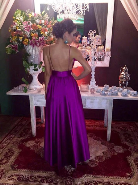A-Line Deep V-Neck Purple  Backless  Stretch Satin Prom Dress