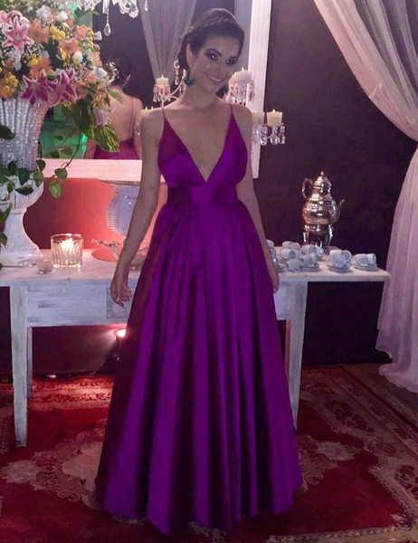 A-Line Deep V-Neck Purple  Backless  Stretch Satin Prom Dress