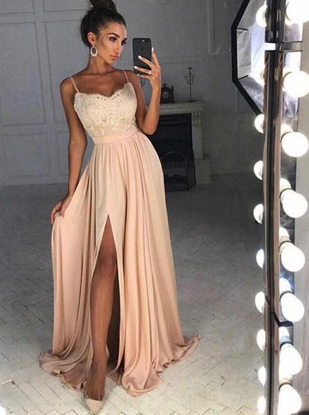 Spaghetti Straps Appliques Split-Side Champagne Chiffon Prom Dress 