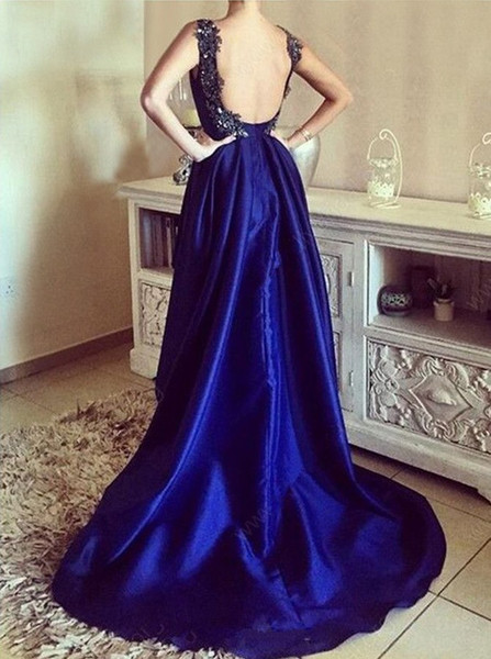 Straps Asymmetry Backless Appliques Royal Blue Satin Prom Dress