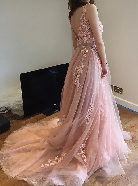  Appliques Crew Court Train Backless Pink Tulle Prom Dress