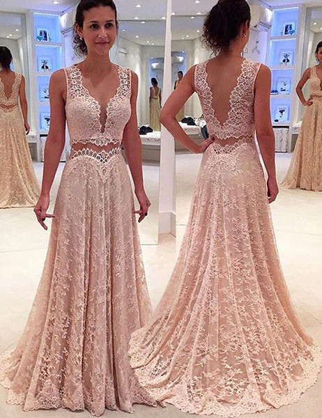 Long Pearl Pink Lace Two Piece Scalloped-Edge Prom Dress