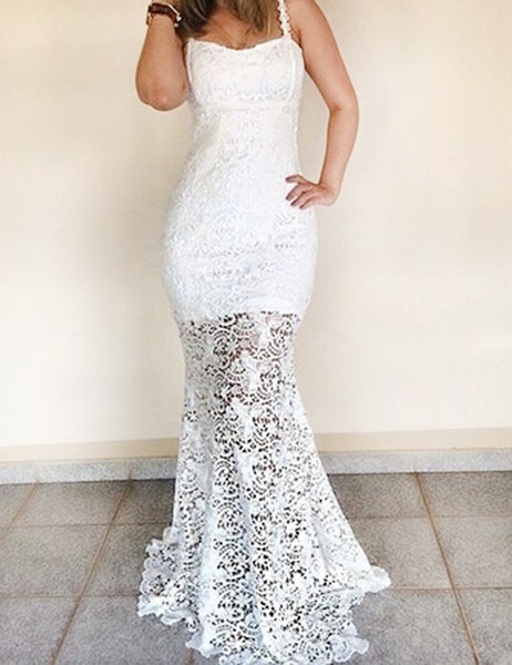 Mermaid Square Sleeveless Long White Lace Prom Dress