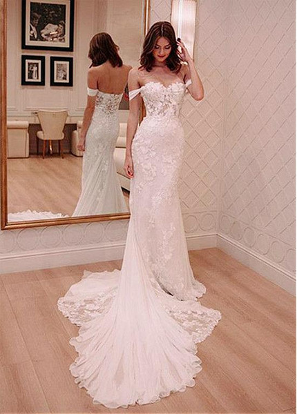 Button Back Off-the-shoulder Neckline Mermaid Wedding Dress