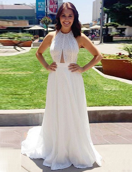 A-Line Halter Sleeveless  Open Back Backless White Prom Dress 