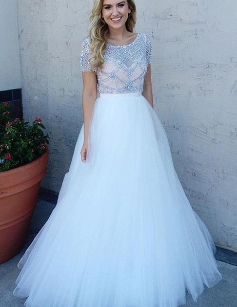 A-Line Short Sleeves Bateau Beading White Prom Dress 