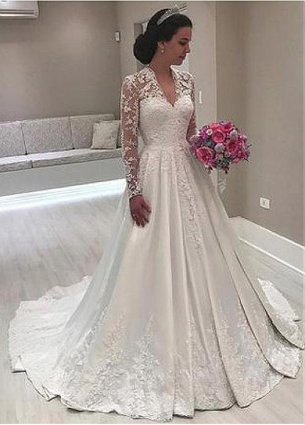 Long Sleeve Beading Satin V-neck A-line Wedding Dress 