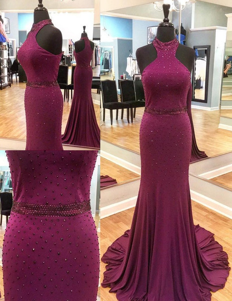 Mermaid High Neck Beading Long Grape Prom Dress