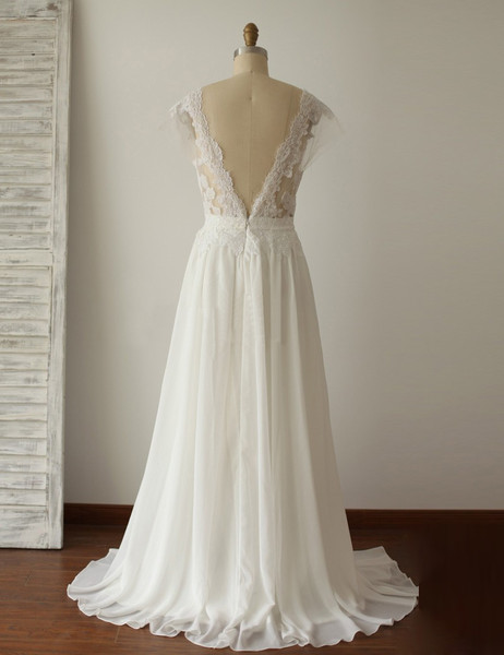 Lace Scoop Cap Sleeves Long Backless White Prom Dress 