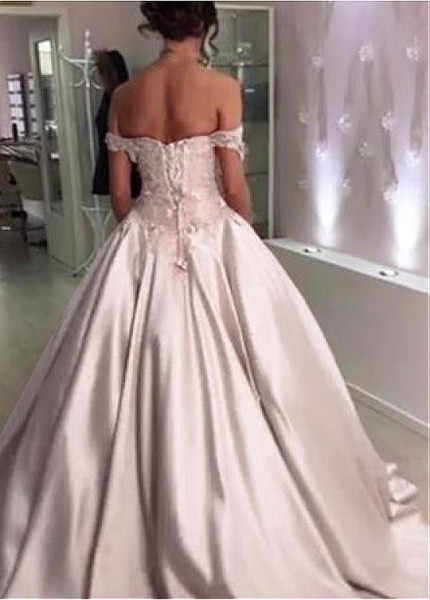 3D Flowers Royal Princess Satin Off-the-shoulder Ball Gown Wedding Dress 