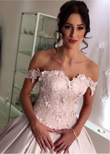 3D Flowers Royal Princess Satin Off-the-shoulder Ball Gown Wedding Dress 