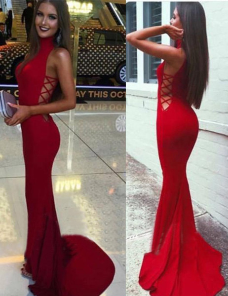 Mermaid High Neck Red Cut Out Sexy Prom Dress