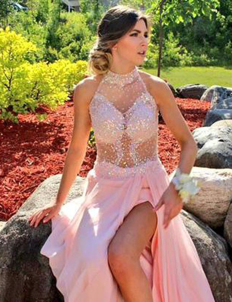 A-Line High Neck Beading Split-Side Pink Prom Dress
