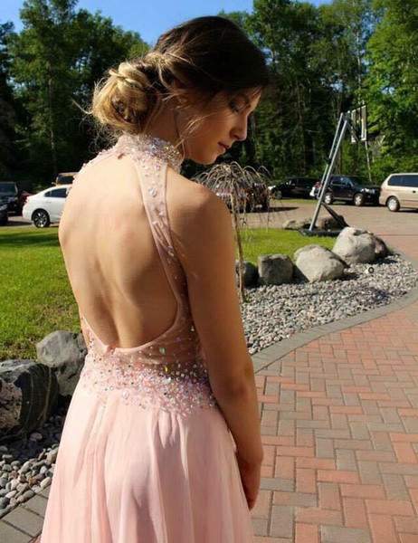 A-Line High Neck Beading Split-Side Pink Prom Dress