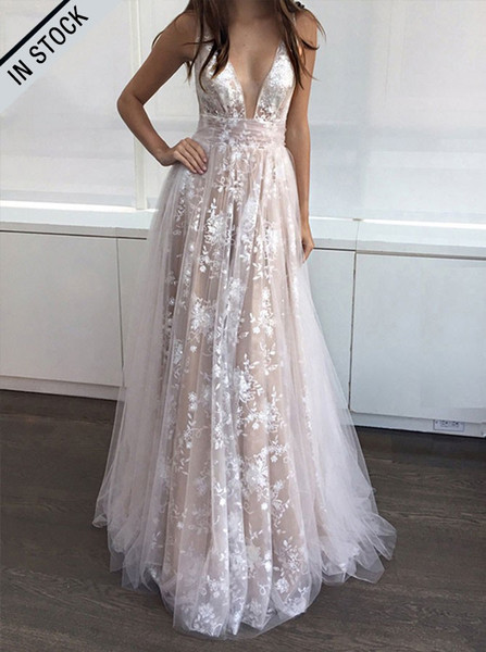 Long Champagne Tulle A-Line Deep V-Neck Prom Dress
