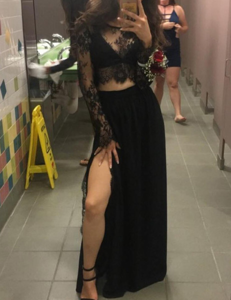 Lace Top Two Piece Jewel Long Sleeves Black Prom Dress