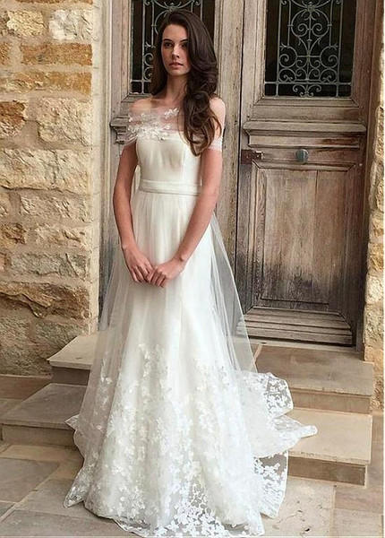 Romantic Off-the-shoulder Wedding Dress With Lace Appliques Belt