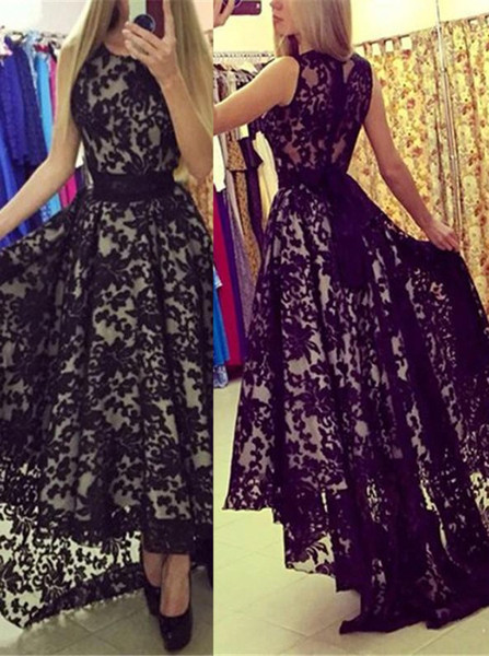 Sash Jewel Sleeveless Hi-Low Black Lace Prom Dress