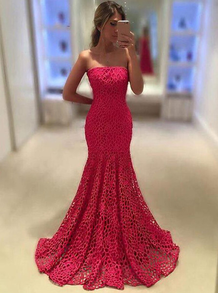Mermaid Strapless Ruffles Rose Pink Lace Prom Dress 