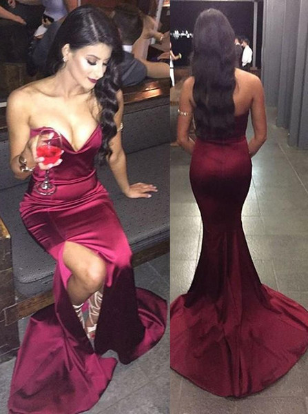 Sexy Burgundy Mermaid Sweetheart Split-Side Elastic Satin Prom Dress