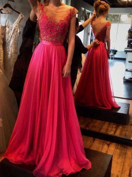 Bateau Cap Sleeves Long  Appliques Backless Pink Prom Dress