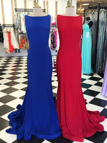 Mermaid Bateau Long  Backless Train Royal Blue  Red Prom Dress