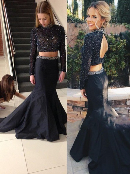 Beads Two Pieces High-neck Black Long Sleeves Prom Dress