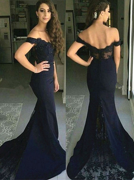 Mermaid Off-the-Shoulder Lace Navy Blue Stretch Satin Prom Dress 