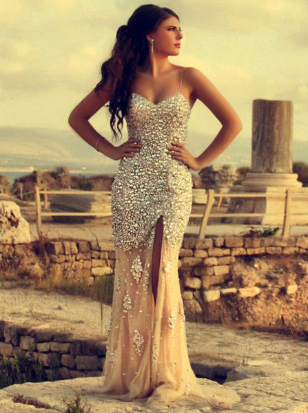 Beading Sequins Mermaid Spaghetti Straps Long Champagne Prom Dress