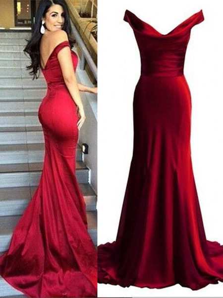 Split Mermaid Off-the-shoulder Long Burgundy Satin Prom Dress 