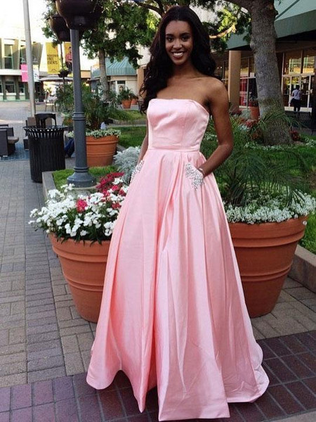 Staright Across Long Satin Rhine Stone Prom Dresses