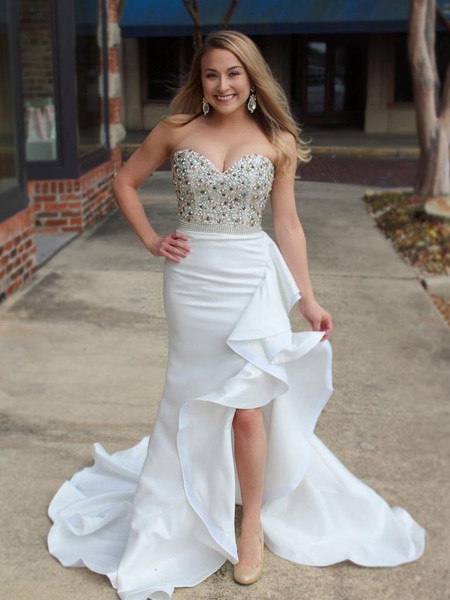 Rhinestones White  Satin Sweetheart Ruffles Sheath Prom Dress