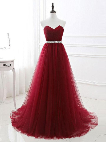 Burgundy Sweetheart Sweep Train Tulle Rhinestone Prom Dress