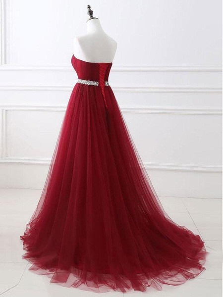 Burgundy Sweetheart Sweep Train Tulle Rhinestone Prom Dress