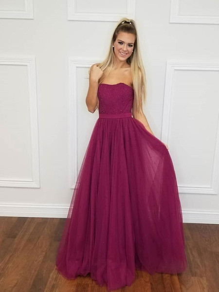 Mulberry Shining Tulle Strapless Fix Rhinestones A-line Prom Dress