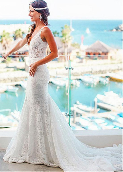  Lace V-neck  See Through Mermaid Wedding Dress With Lace Appliques