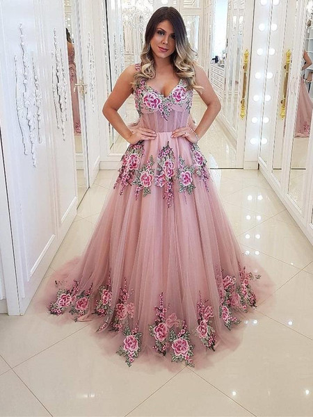 Floral Appliques Tulle Spaghetti Straps Appliques A-line Prom Dress