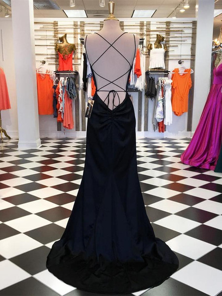 Sexy Long Satin Spaghetti Straps Long Sheath Prom Dress