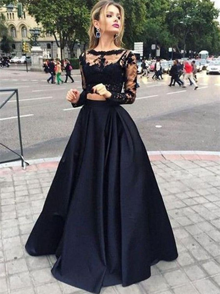 Bateau Long Sleeves Satin Black Two Piece Prom Dress