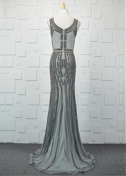  Shining Tulle V-neck Beading Silver Mermaid Formal Dress