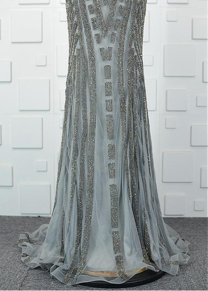  Shining Tulle V-neck Beading Silver Mermaid Formal Dress