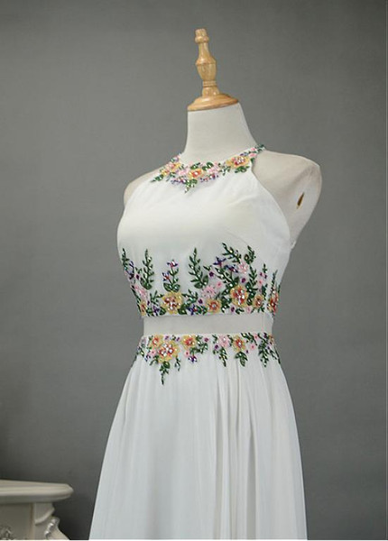 Embroidery & Beadings Chiffon Jewel White  A-line Evening Dress