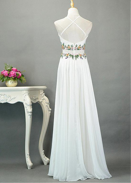 Embroidery & Beadings Chiffon Jewel White  A-line Evening Dress
